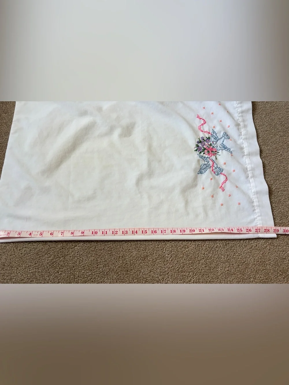 Bucilla White Pillowcases with Pink Ribbon & Multicolor Floral Embroidery - pair
